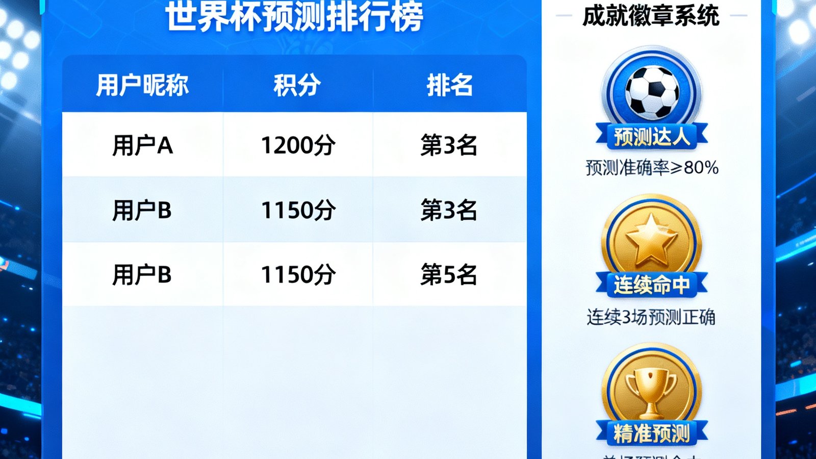 世界杯预测排行榜与成就徽章系统界面,显示积分和排名